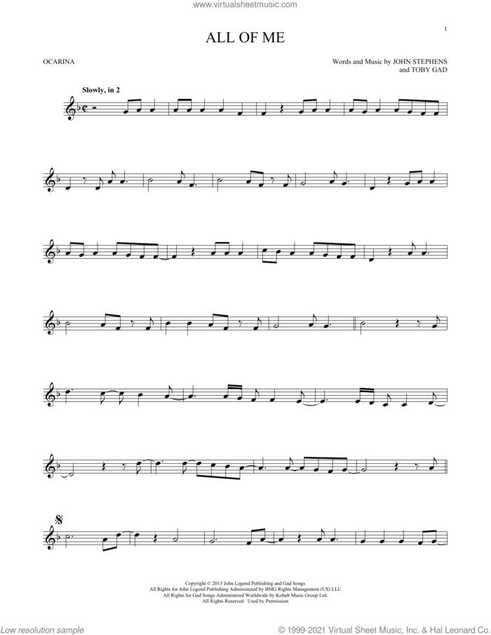 All Of Me sheet music for ocarina solo by John Legend, John Stephens and Toby Gad, intermediate skill level