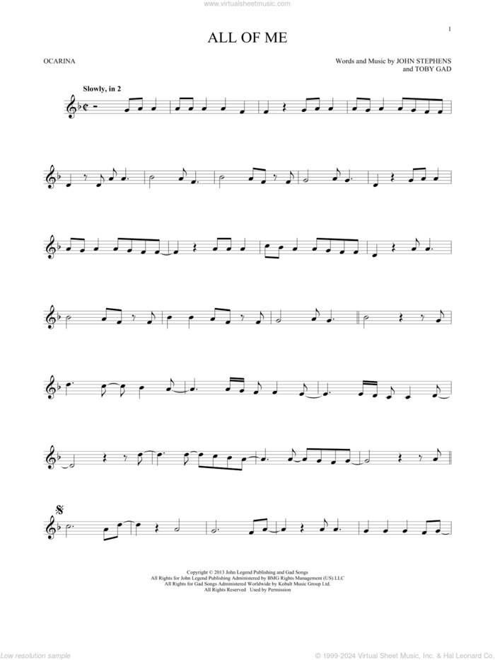 All Of Me sheet music for ocarina solo by John Legend, John Stephens and Toby Gad, wedding score, intermediate skill level