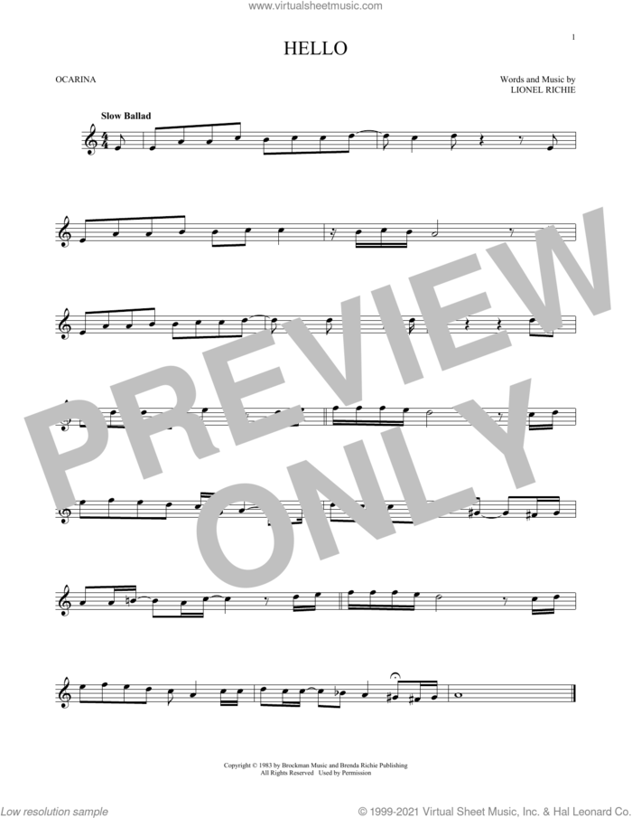 Hello sheet music for ocarina solo by Lionel Richie, intermediate skill level