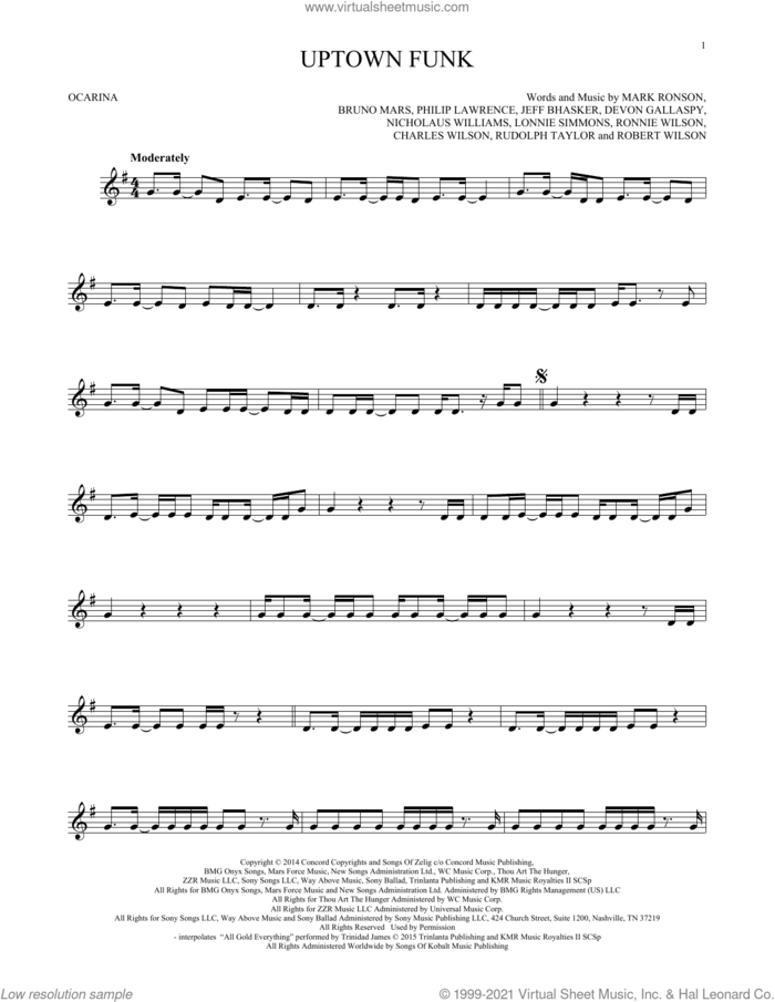 Uptown Funk (feat. Bruno Mars) sheet music for ocarina solo by Mark Ronson, Bruno Mars, Charles Wilson, Devon Gallaspy, Jeff Bhasker, Lonnie Simmons, Nicholaus Williams, Philip Lawrence, Robert Wilson, Ronnie Wilson and Rudolph Taylor, intermediate skill level