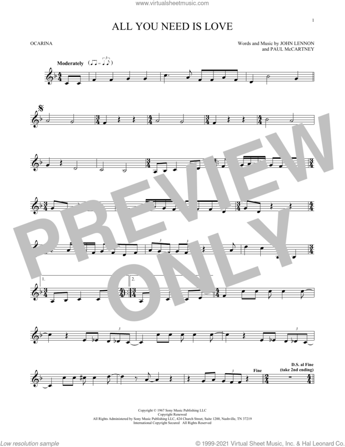 All You Need Is Love sheet music for ocarina solo by The Beatles, John Lennon and Paul McCartney, wedding score, intermediate skill level