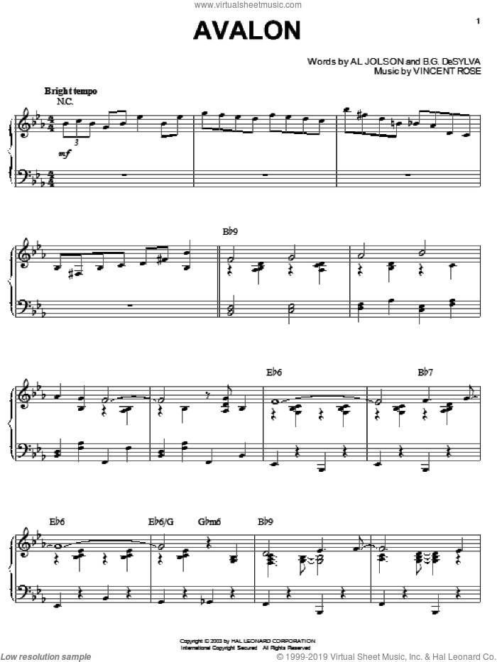 Avalon sheet music for piano solo by Benny Goodman, Al Jolson, Buddy DeSylva and Vincent Rose, intermediate skill level