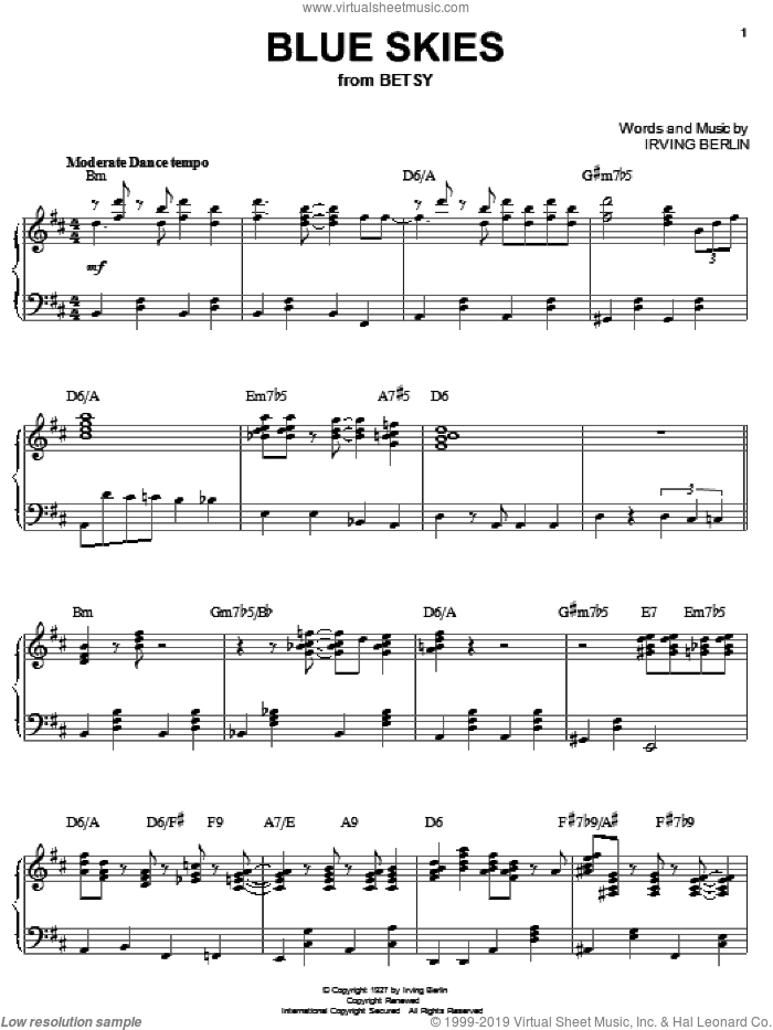 Blue Skies sheet music for piano solo by Benny Goodman and Irving Berlin, intermediate skill level