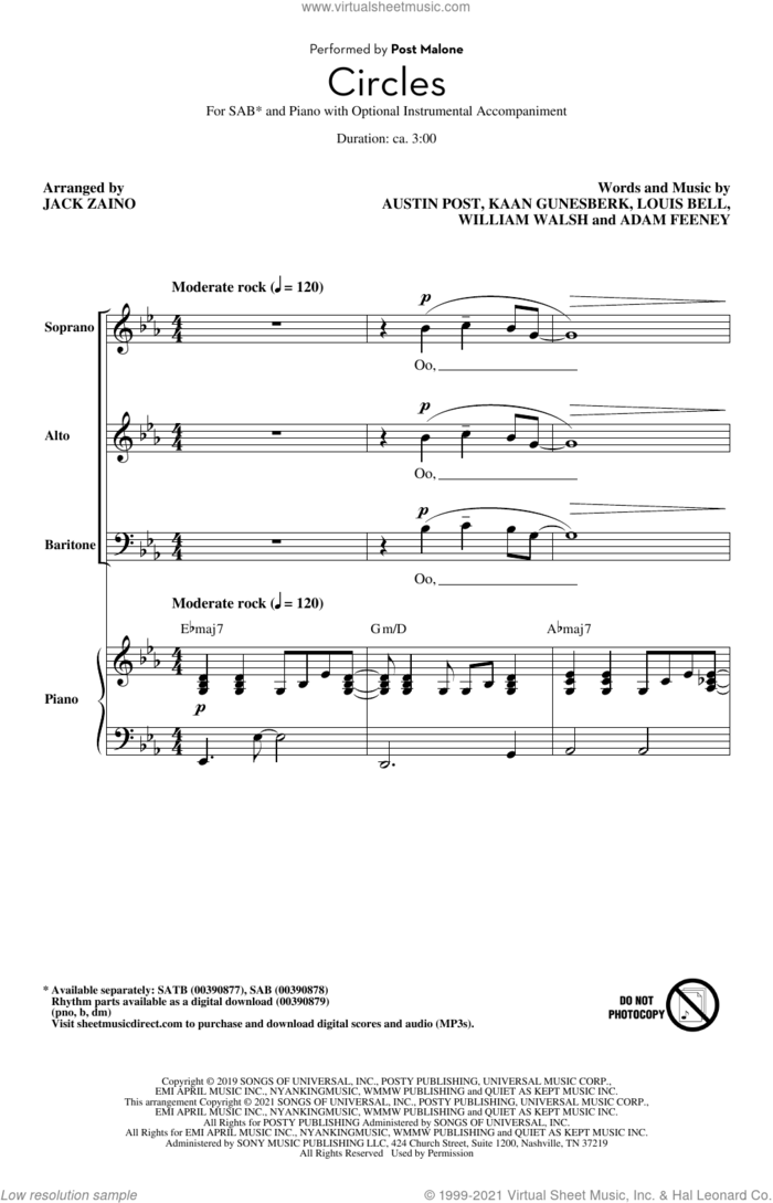Circles (arr. Jack Zaino) sheet music for choir (SAB: soprano, alto, bass) by Post Malone, Jack Zaino, Adam Feeney, Austin Post, Kaan Gunesberk, Louis Bell and William Walsh, intermediate skill level