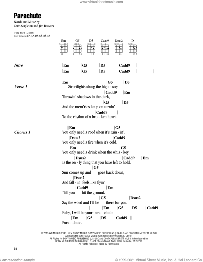 Parachute sheet music for guitar (chords) by Chris Stapleton and Jim Beavers, intermediate skill level
