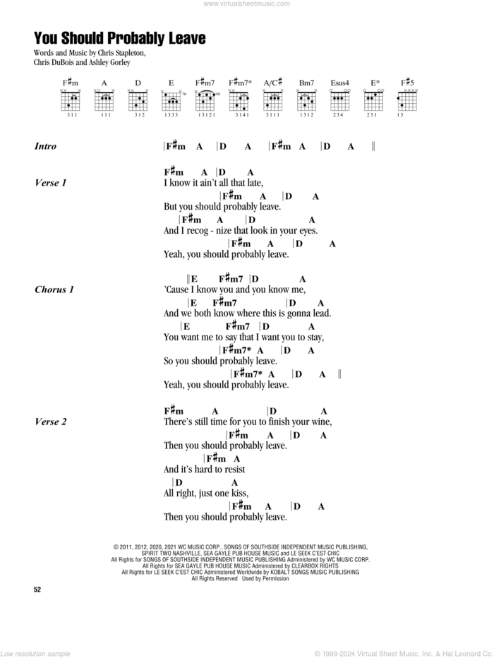 You Should Probably Leave sheet music for guitar (chords) by Chris Stapleton, Ashley Gorley and Chris DuBois, intermediate skill level