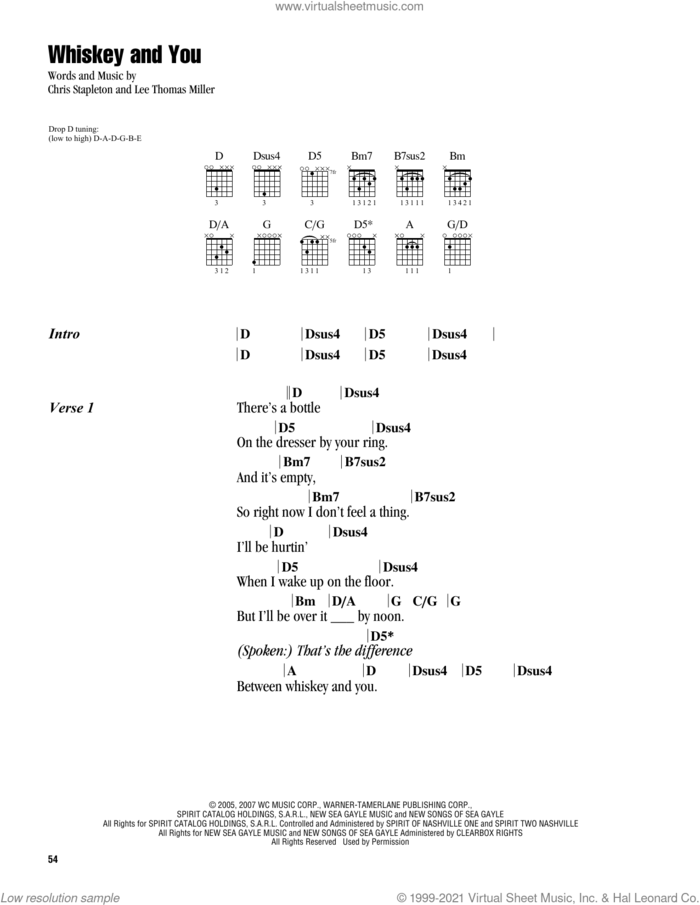 Whiskey And You sheet music for guitar (chords) by Chris Stapleton and Lee Thomas Miller, intermediate skill level