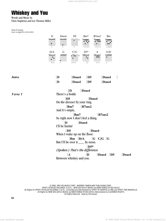 Whiskey And You sheet music for guitar (chords) by Chris Stapleton and Lee Thomas Miller, intermediate skill level
