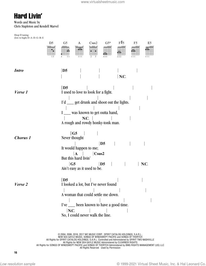 Hard Livin' sheet music for guitar (chords) by Chris Stapleton and Kendell Marvell, intermediate skill level