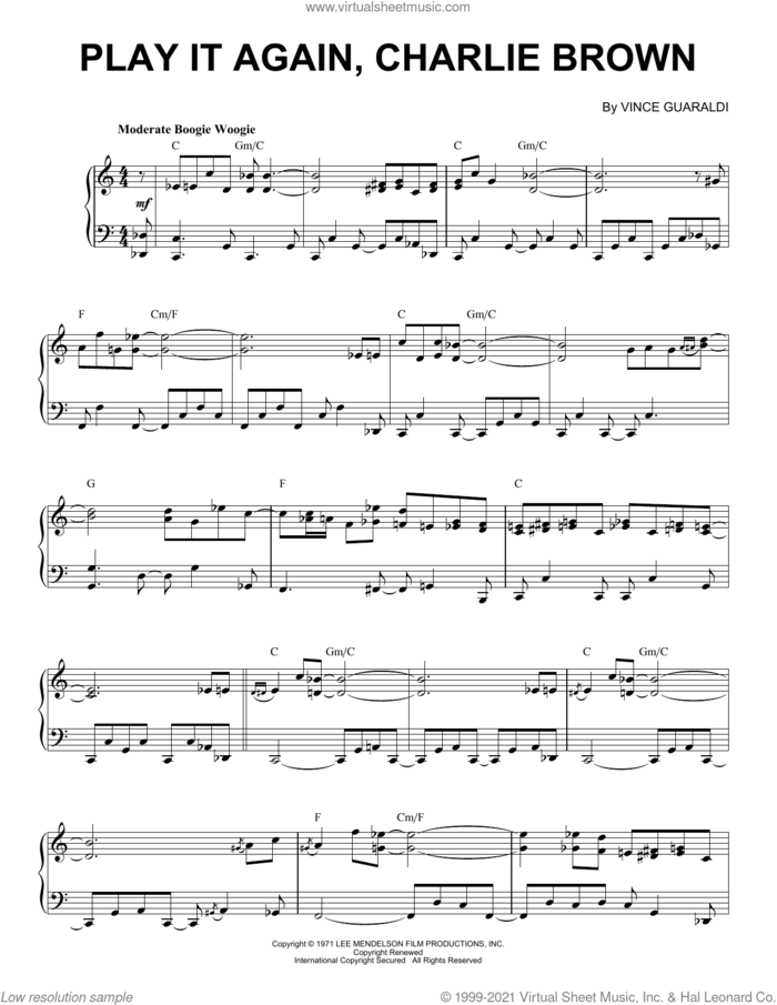 Play It Again, Charlie Brown sheet music for piano solo by Vince Guaraldi, intermediate skill level