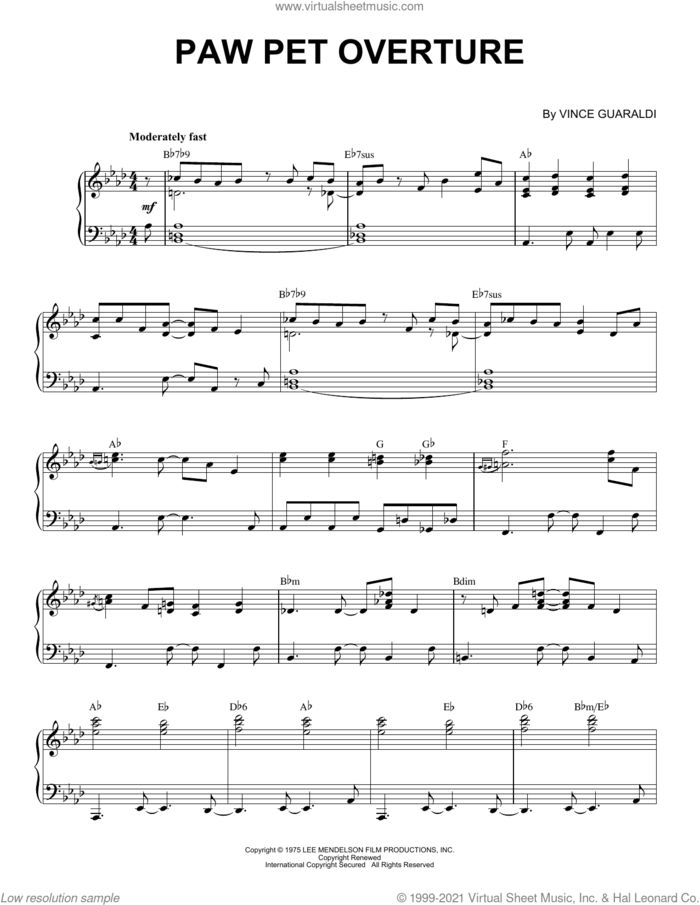 Paw Pet Overture sheet music for piano solo by Vince Guaraldi, intermediate skill level