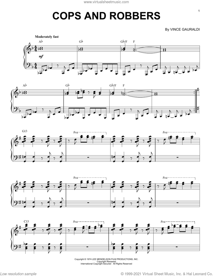 Cops And Robbers sheet music for piano solo by Vince Guaraldi, intermediate skill level