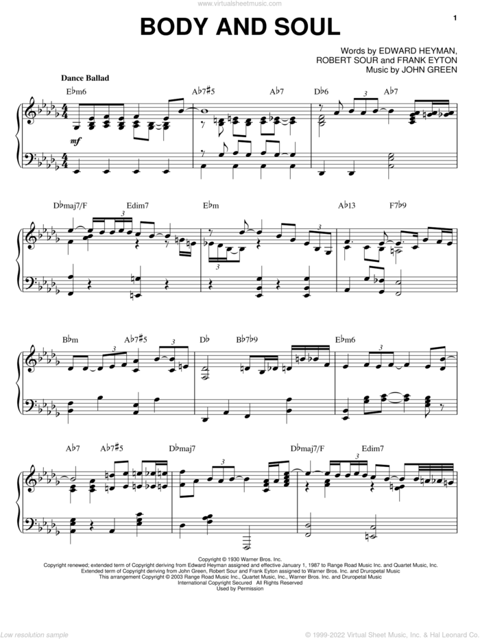 Body And Soul (arr. Bill Boyd) sheet music for piano solo by Benny Goodman, Edward Heyman, Frank Eyton and Robert Sour, intermediate skill level