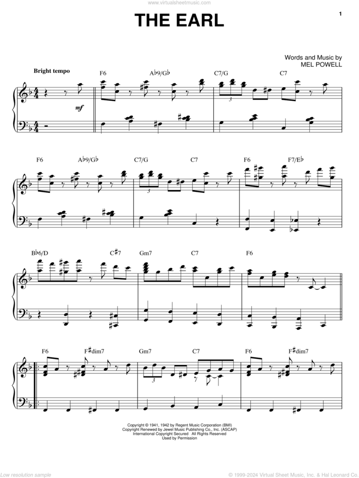 The Earl sheet music for piano solo by Benny Goodman and Mel Powell, intermediate skill level