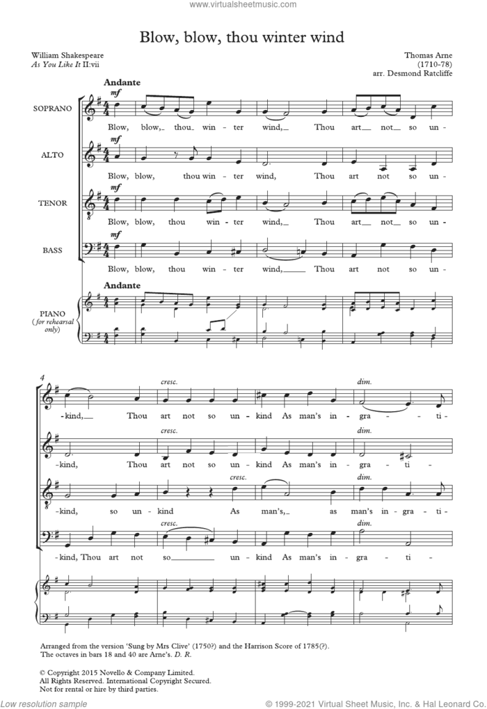 Blow, Blow, Thou Winter Wind (arr. Desmond Ratcliffe) sheet music for choir (SATB: soprano, alto, tenor, bass) by Thomas Arne and Desmond Ratcliffe (arr.), intermediate skill level