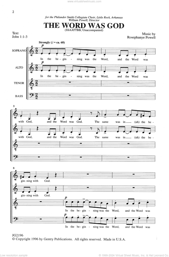The Word Was God sheet music for choir (SATB: soprano, alto, tenor, bass) by Rosephanye Powell, intermediate skill level