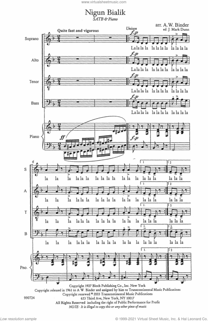 Nigun Bialik sheet music for choir (SATB: soprano, alto, tenor, bass) by A.W. Binder, intermediate skill level