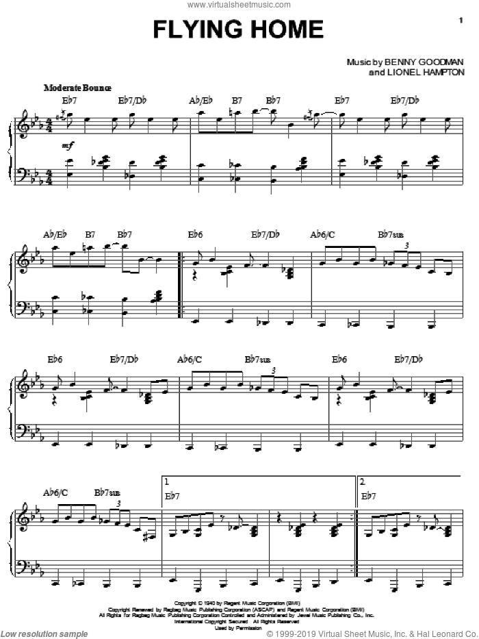 Flying Home sheet music for piano solo by Benny Goodman and Lionel Hampton, intermediate skill level