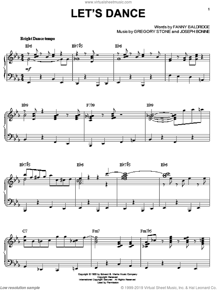 Let's Dance sheet music for piano solo by Benny Goodman, Fanny Baldridge, Gregory Stone and Joseph Bonime, intermediate skill level