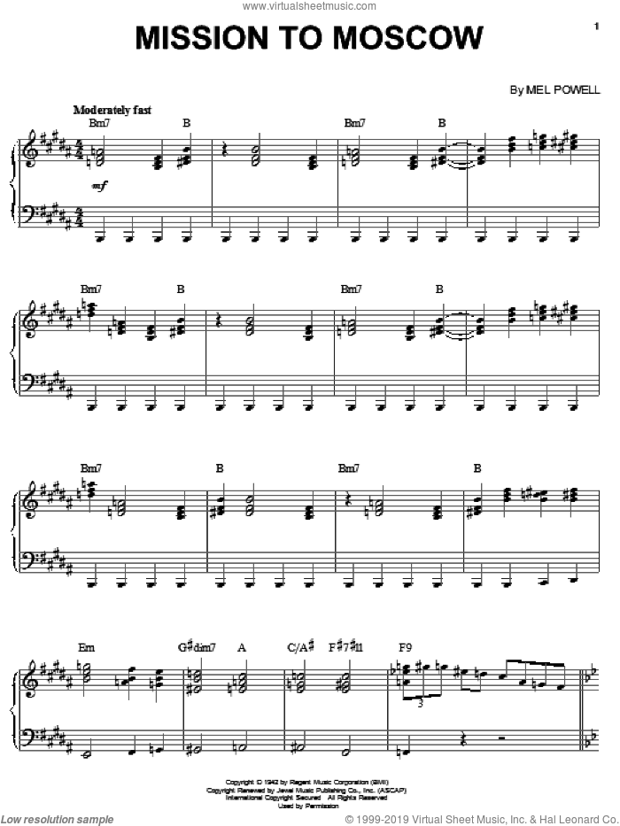 Mission To Moscow sheet music for piano solo by Benny Goodman and Mel Powell, intermediate skill level