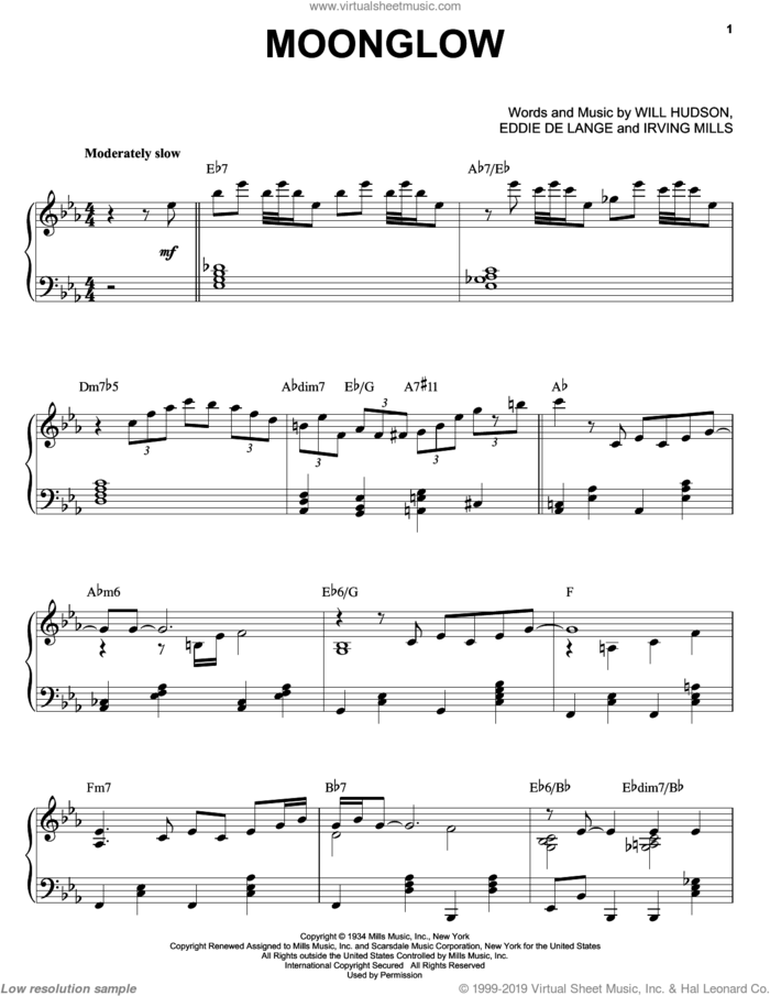 Moonglow sheet music for piano solo by Morris Stoloff, George Cates, Eddie DeLange, Irving Mills and Will Hudson, intermediate skill level