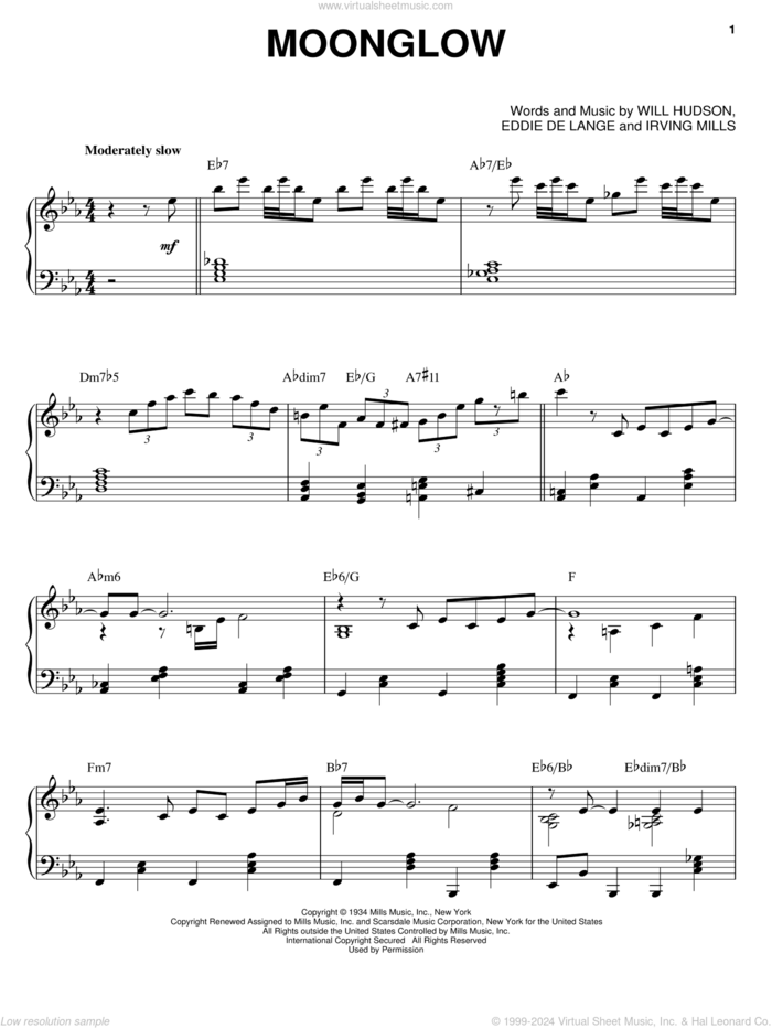 Moonglow sheet music for piano solo by Morris Stoloff, George Cates, Eddie DeLange, Irving Mills and Will Hudson, intermediate skill level