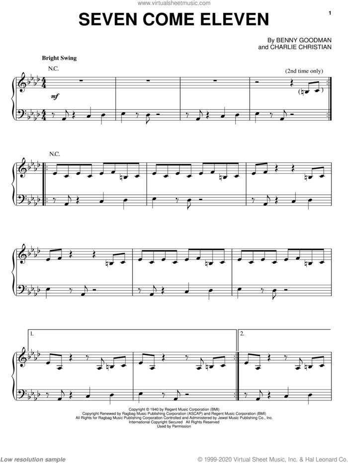 Seven Come Eleven sheet music for piano solo by Benny Goodman and Charlie Christian, intermediate skill level
