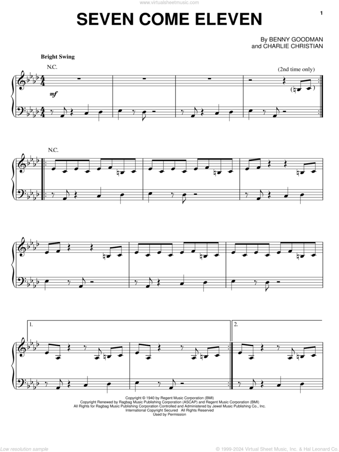 Seven Come Eleven sheet music for piano solo by Benny Goodman and Charlie Christian, intermediate skill level