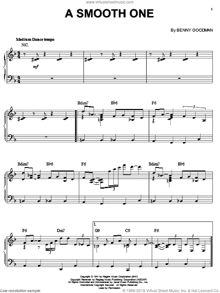 A Smooth One sheet music for piano solo by Benny Goodman, intermediate skill level