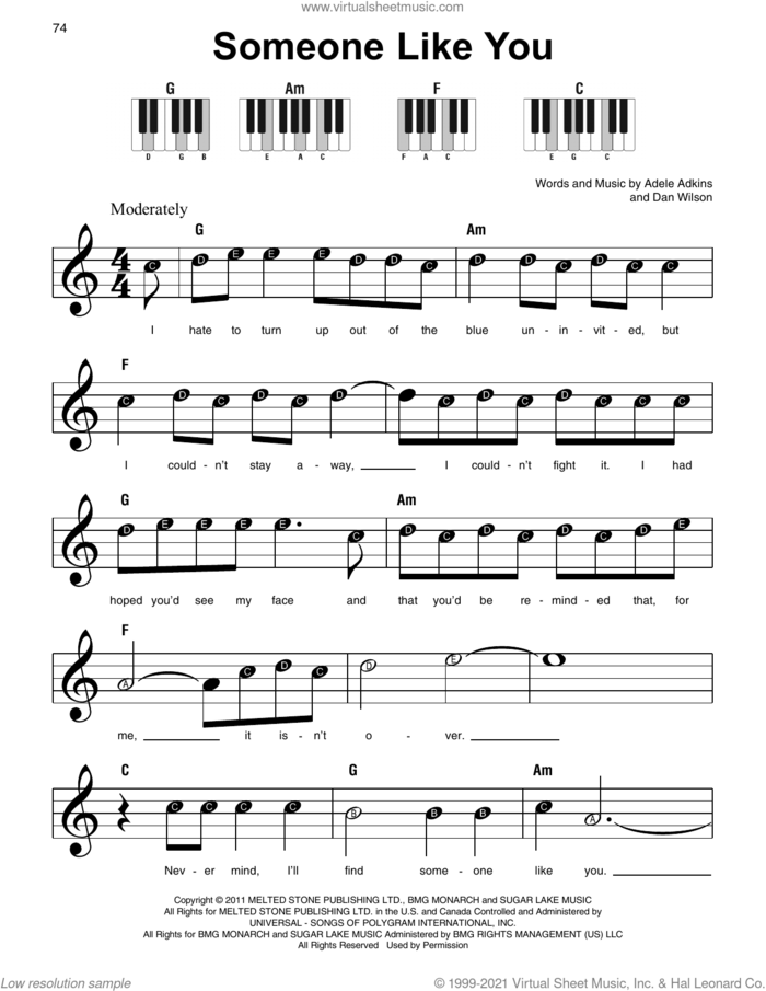 Someone Like You sheet music for piano solo by Adele, Adele Adkins and Dan Wilson, beginner skill level