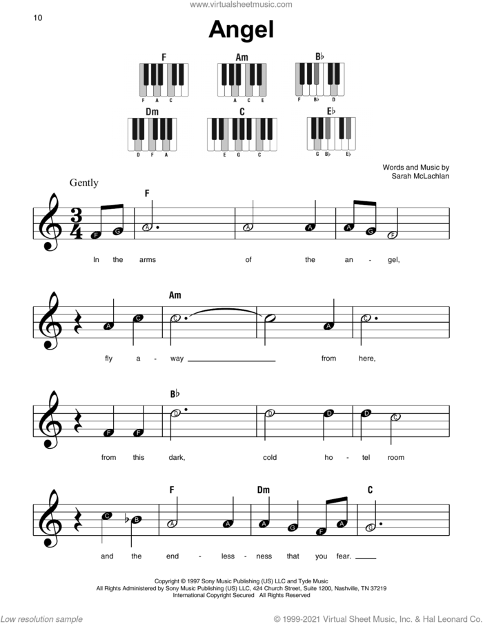 Angel sheet music for piano solo by Sarah McLachlan, beginner skill level