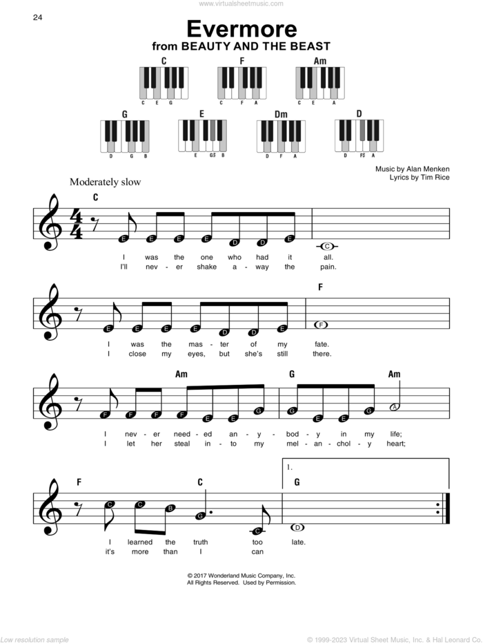 Evermore (from Beauty And The Beast) sheet music for piano solo by Alan Menken & Tim Rice, Josh Groban, Alan Menken and Tim Rice, beginner skill level