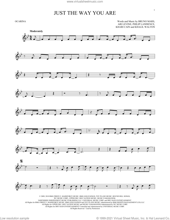 Just The Way You Are sheet music for ocarina solo by Bruno Mars, Ari Levine, Khalil Walton, Khari Cain and Philip Lawrence, wedding score, intermediate skill level
