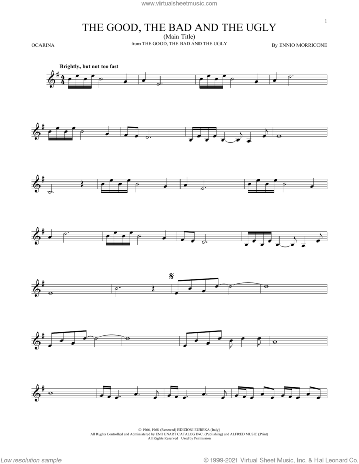 The Good, The Bad And The Ugly (Main Title) sheet music for ocarina solo by Ennio Morricone, classical score, intermediate skill level