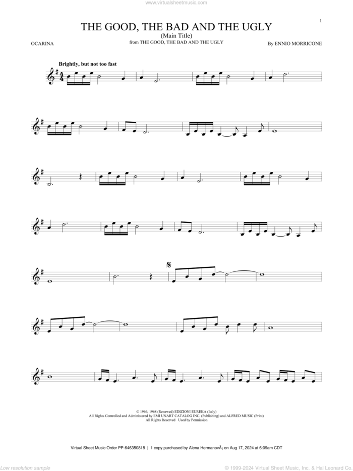 The Good, The Bad And The Ugly (Main Title) sheet music for ocarina solo by Ennio Morricone, classical score, intermediate skill level