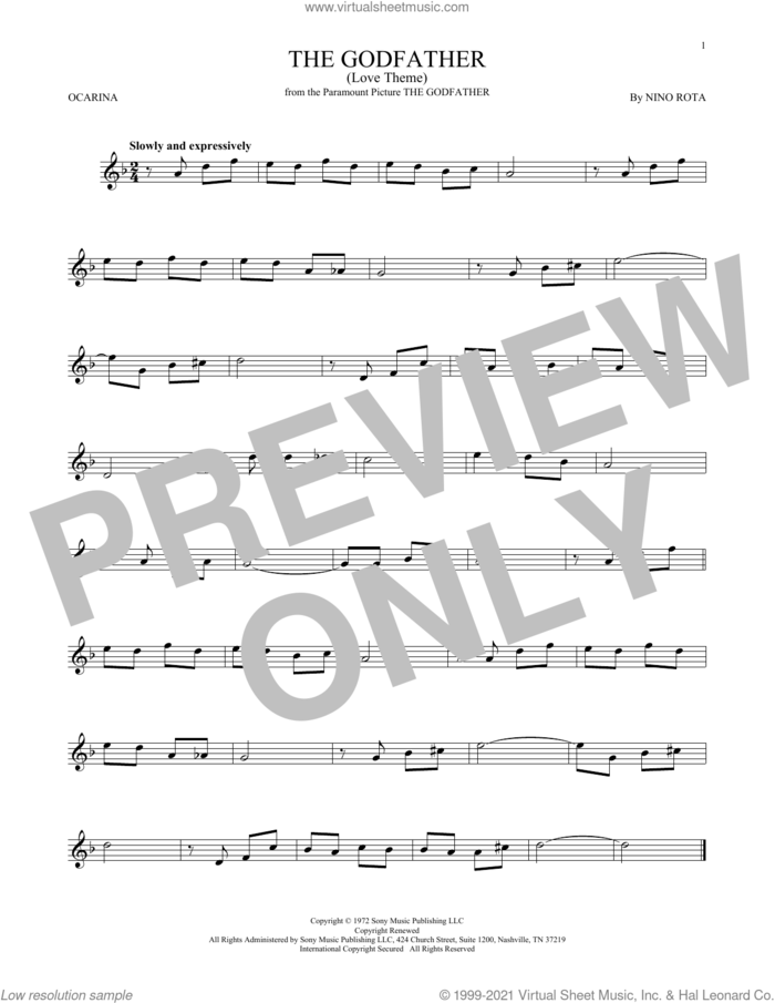 The Godfather (Love Theme) sheet music for ocarina solo by Nino Rota, intermediate skill level