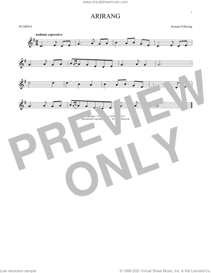 Arirang sheet music for ocarina solo, intermediate skill level