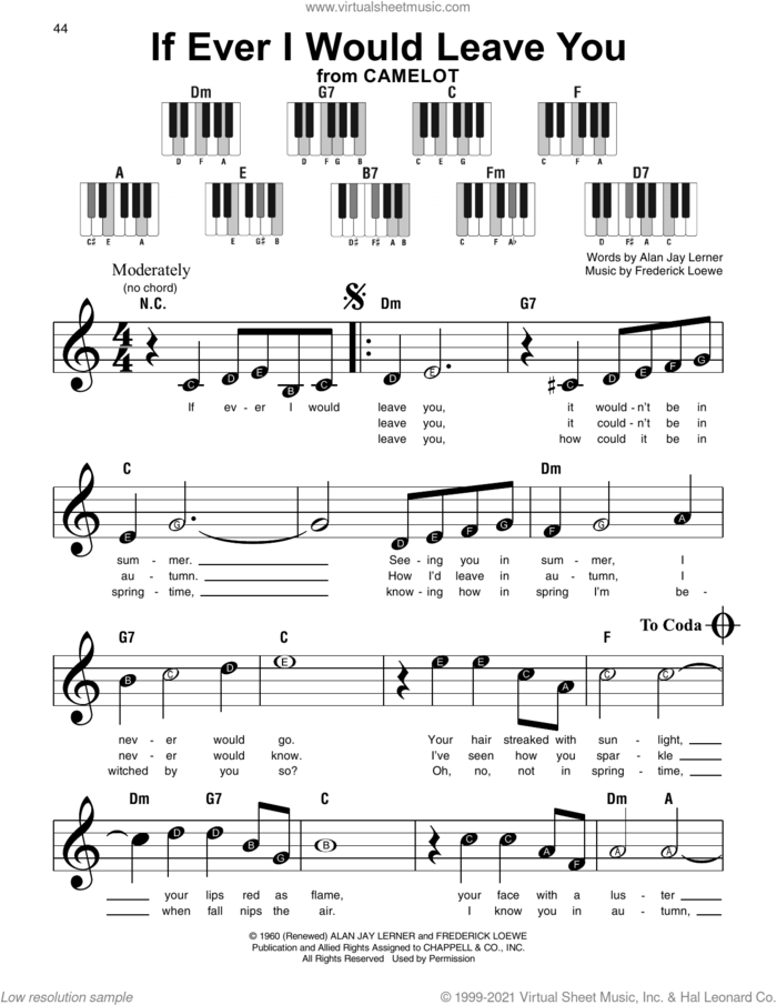 If Ever I Would Leave You sheet music for piano solo by Lerner & Loewe, Alan Jay Lerner and Frederick Loewe, beginner skill level