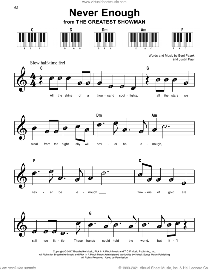 Never Enough (from The Greatest Showman), (beginner) (from The Greatest Showman) sheet music for piano solo by Pasek & Paul, Benj Pasek and Justin Paul, beginner skill level