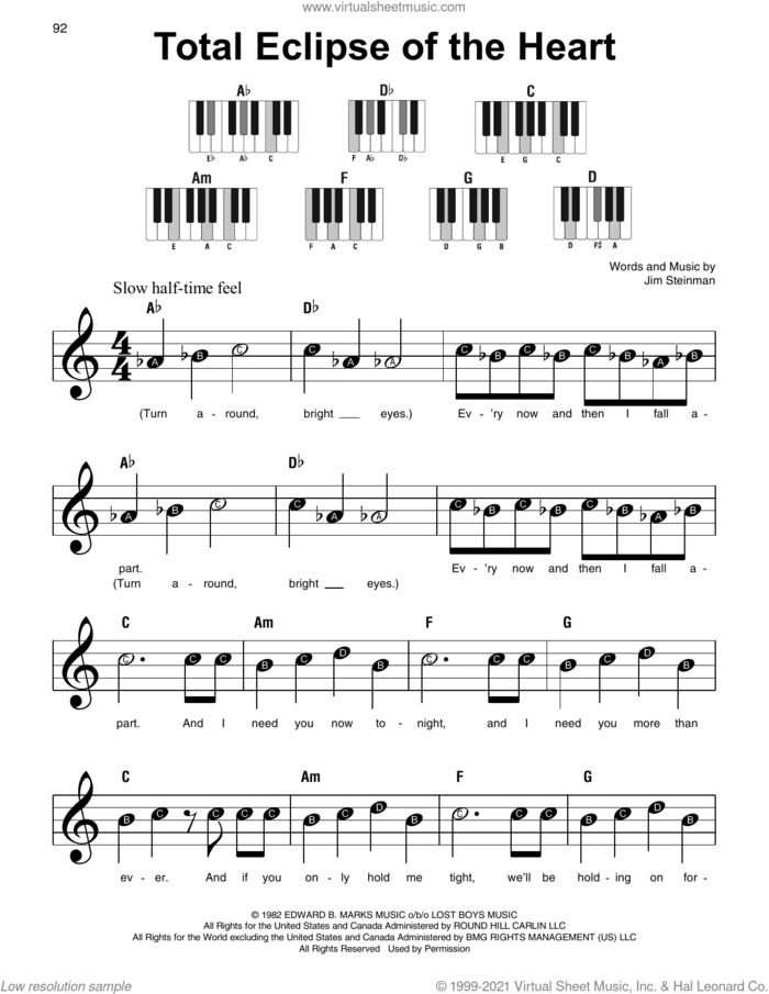 Total Eclipse Of The Heart sheet music for piano solo by Bonnie Tyler and Jim Steinman, beginner skill level