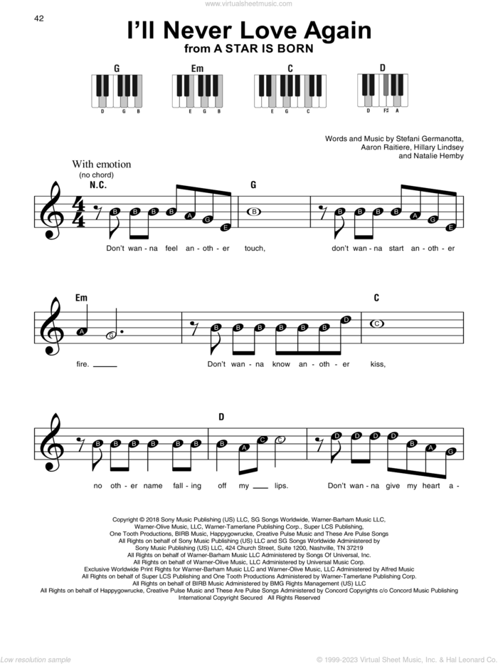 I'll Never Love Again (from A Star Is Born) sheet music for piano solo by Lady Gaga, Aaron Raitiere, Hillary Lindsey and Natalie Hemby, beginner skill level