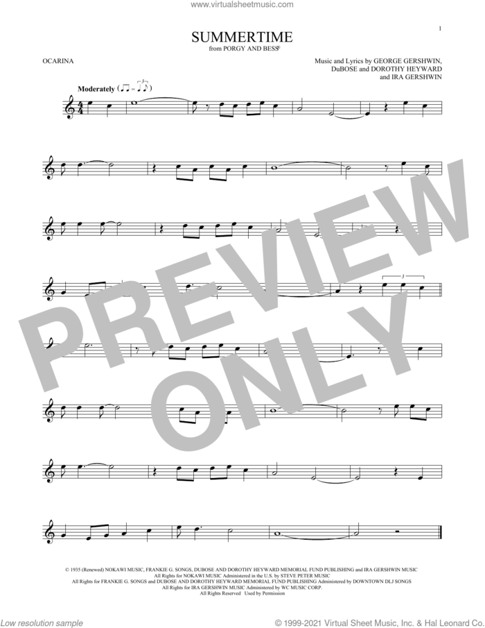 Summertime (from Porgy And Bess) sheet music for ocarina solo by George Gershwin, Dorothy Heyward, DuBose Heyward and Ira Gershwin, intermediate skill level
