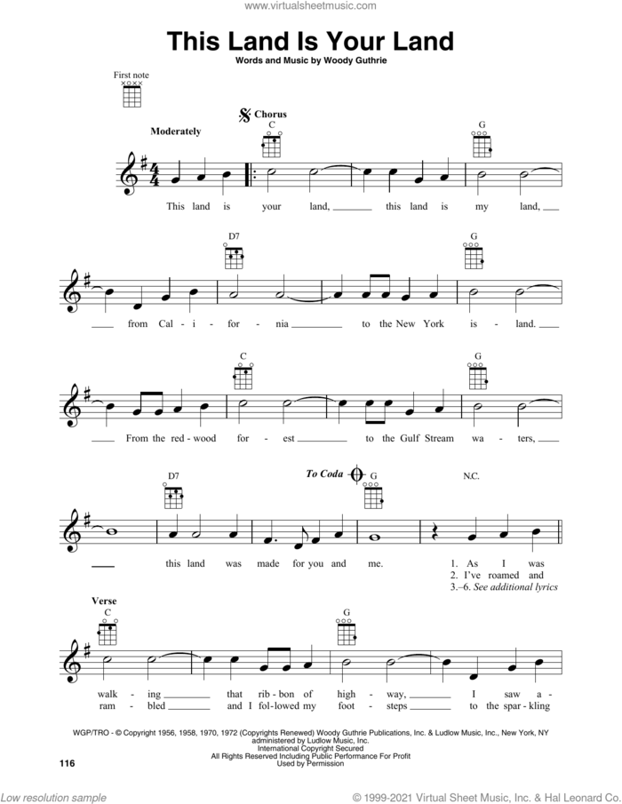 This Land Is Your Land sheet music for baritone ukulele solo by Woody Guthrie, intermediate skill level