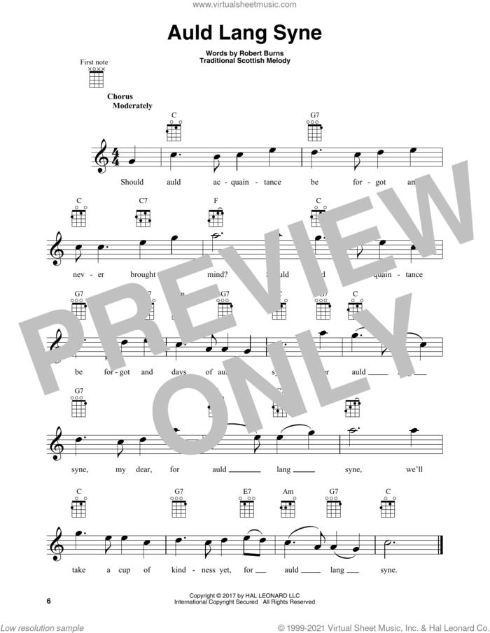 Auld Lang Syne sheet music for baritone ukulele solo by Robert Burns and Traditional Scottish Melody, intermediate skill level
