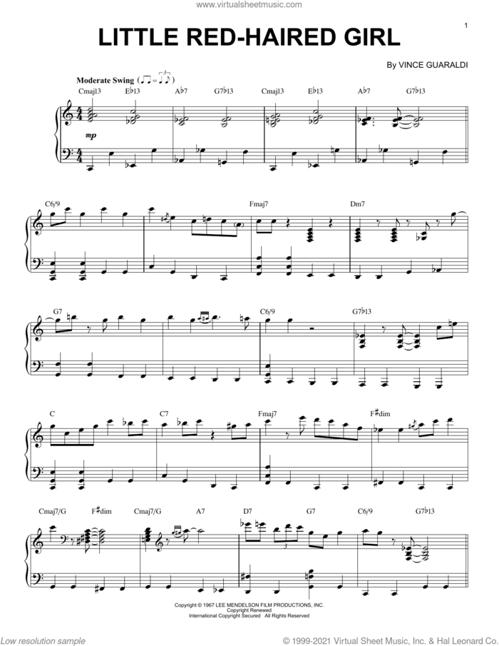Little Red-Haired Girl sheet music for piano solo by Vince Guaraldi, intermediate skill level