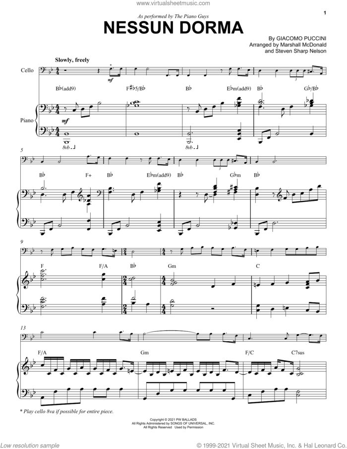 Nessun Dorma sheet music for cello and piano by The Piano Guys, Giacomo Puccini, Marshall McDonald and Steven Sharp Nelson, classical score, intermediate skill level