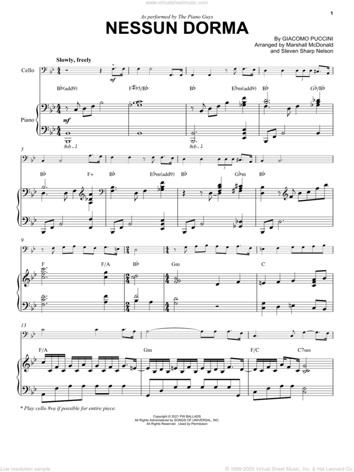 Nessun Dorma sheet music for cello and piano by The Piano Guys, Giacomo Puccini, Marshall McDonald and Steven Sharp Nelson, classical score, intermediate skill level