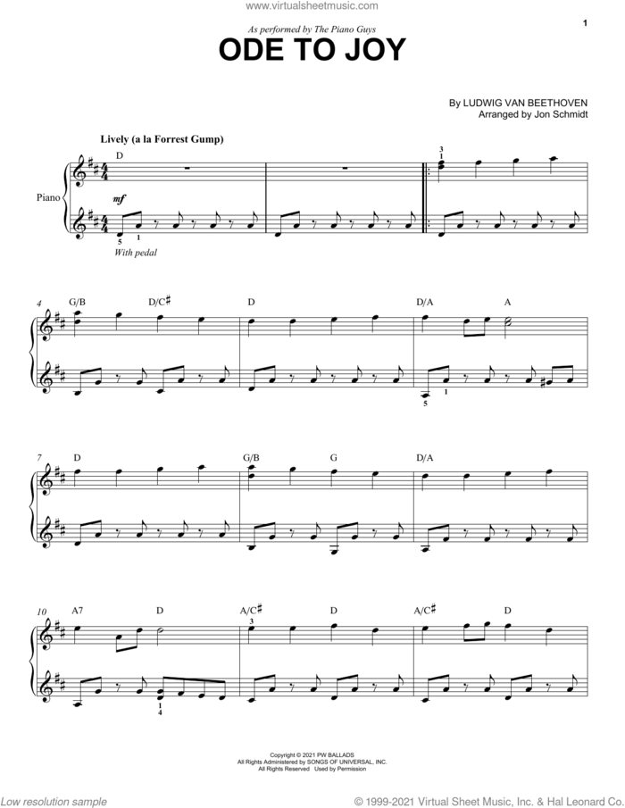 Ode To Joy sheet music for piano solo by The Piano Guys, Jon Schmidt and Ludwig van Beethoven, classical score, intermediate skill level