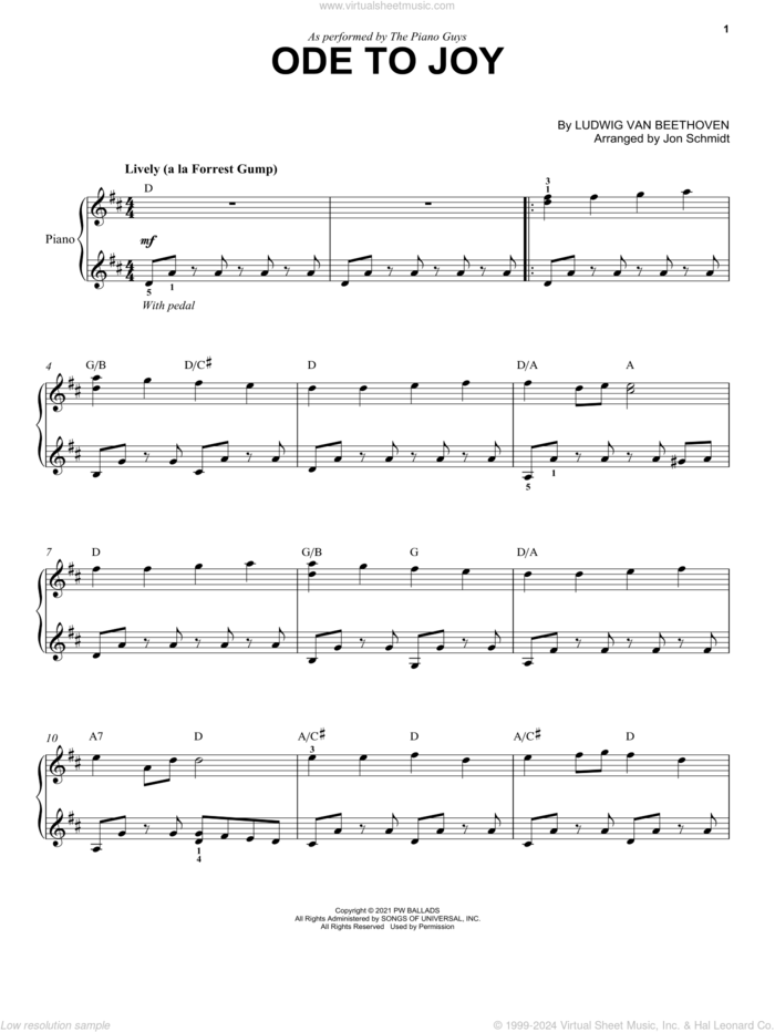 Ode To Joy sheet music for piano solo by The Piano Guys, Jon Schmidt and Ludwig van Beethoven, classical score, intermediate skill level