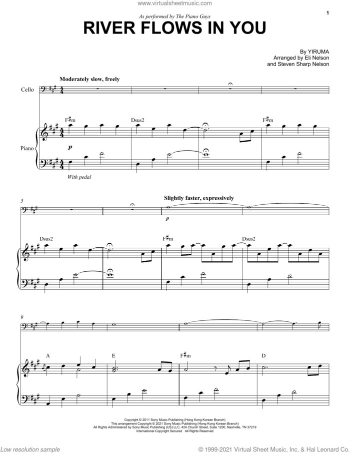 River Flows In You sheet music for cello and piano by The Piano Guys and Yiruma, intermediate skill level